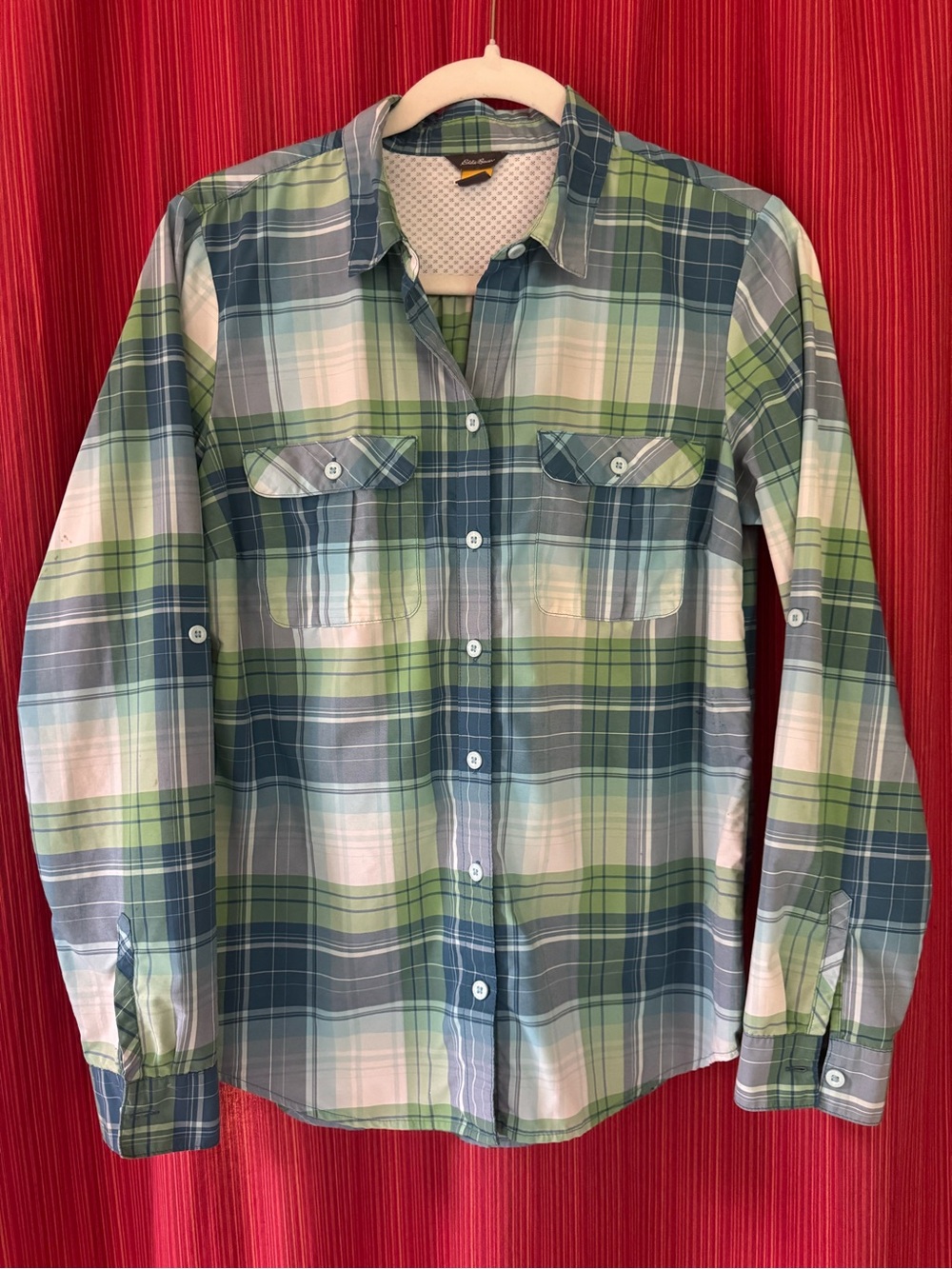 Eddie Bauer Roll Sleeve Plaid SPF Nylon Green Plaid Button-Up Shirt Fishing Med